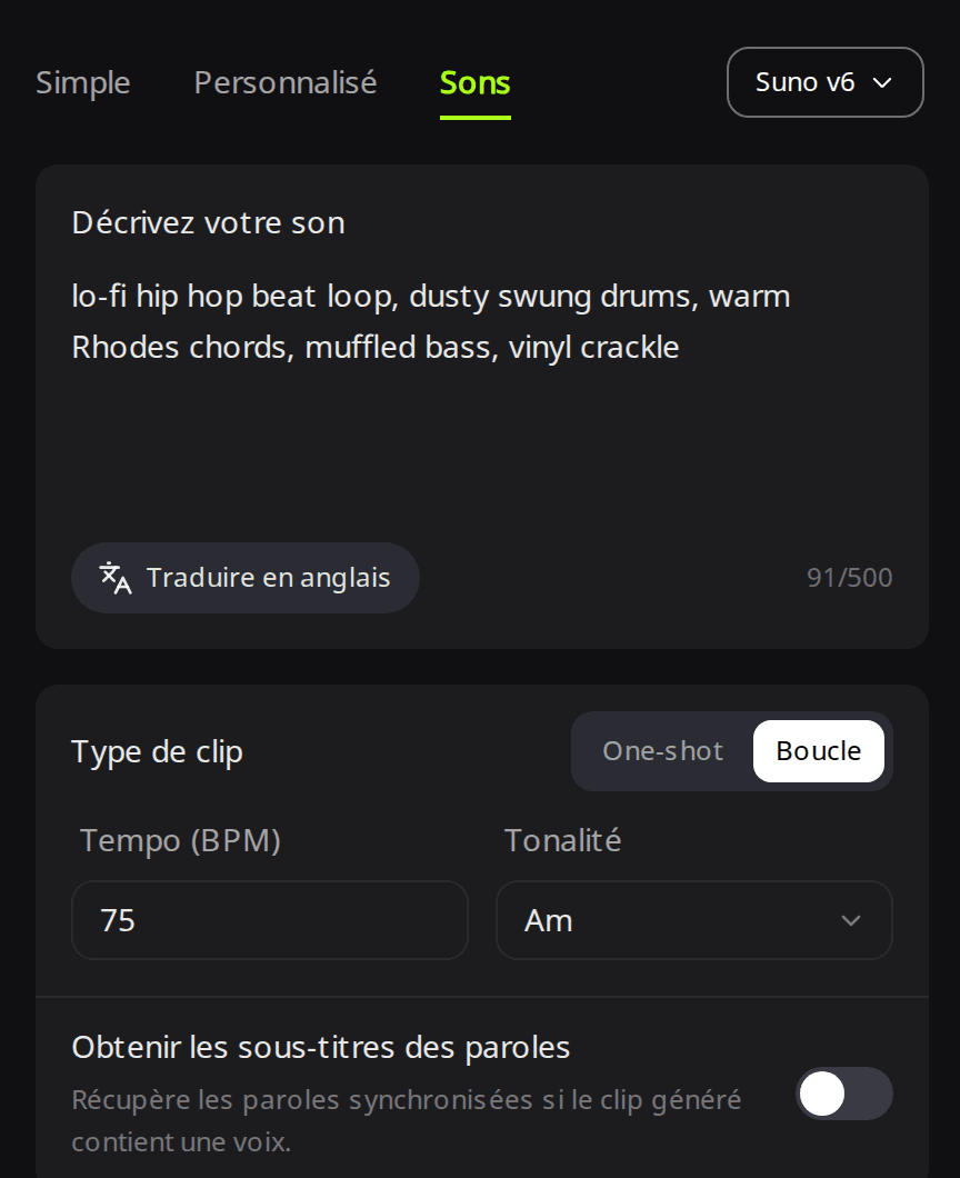Onglet Sons de RaoMusic avec une description de boucle lofi, Type de clip réglé sur Boucle, Tempo 75 et Tonalité Am