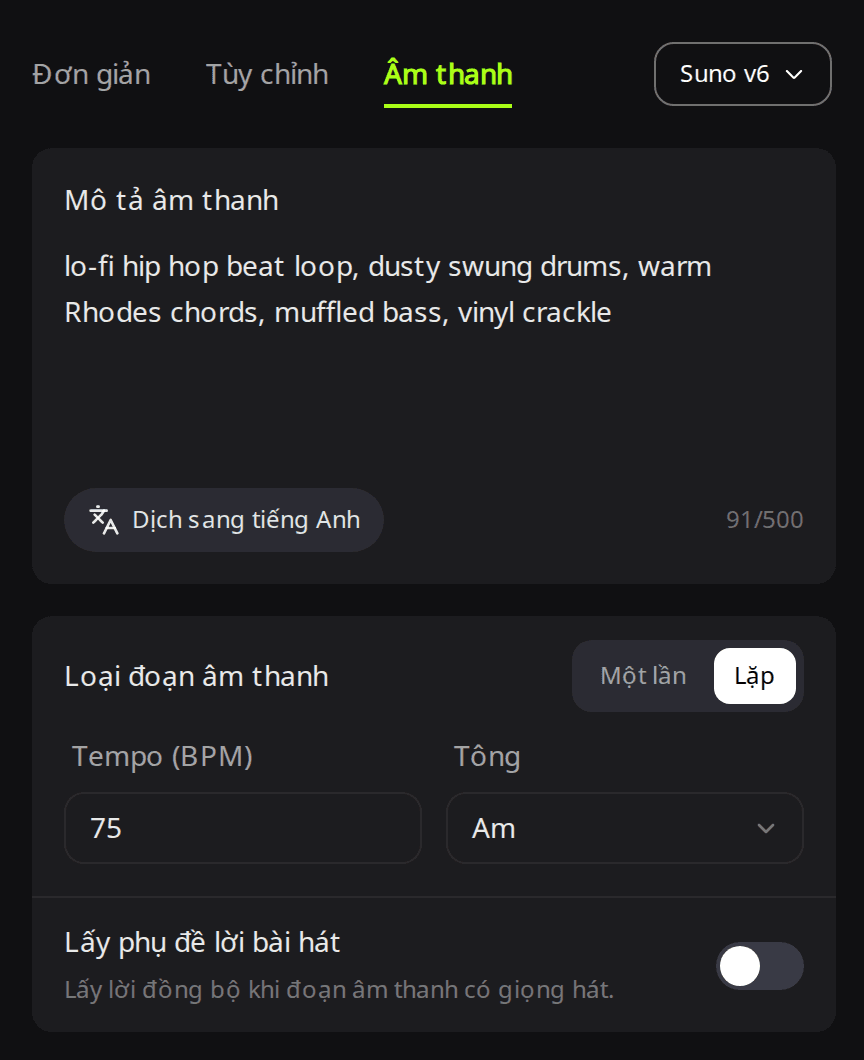Tab Âm thanh của RaoMusic với mô tả đoạn lặp lofi, Loại đoạn âm thanh đặt là Lặp, Tempo 75 và Tông Am
