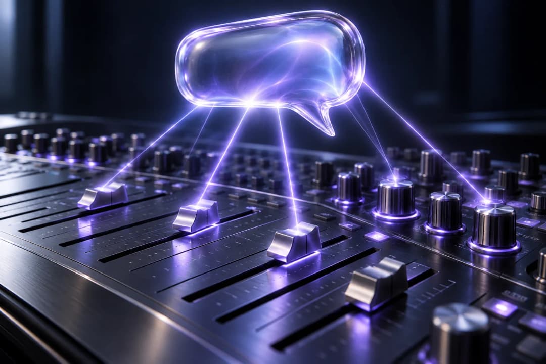 A glowing glass chat bubble above a studio mixing console, with beams of light moving faders and knobs, illustrating an AI assistant that operates a DAW
