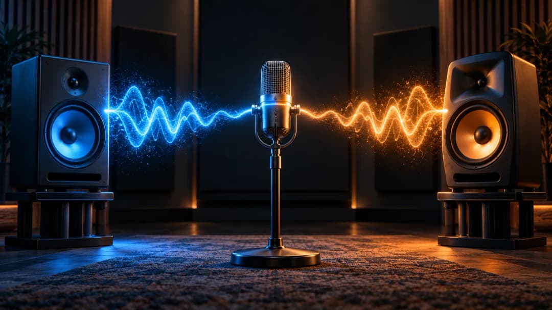 One studio microphone whose sound splits into a blue and an orange waveform flowing into two different speakers, illustrating the same lyrics on Mureka and Suno