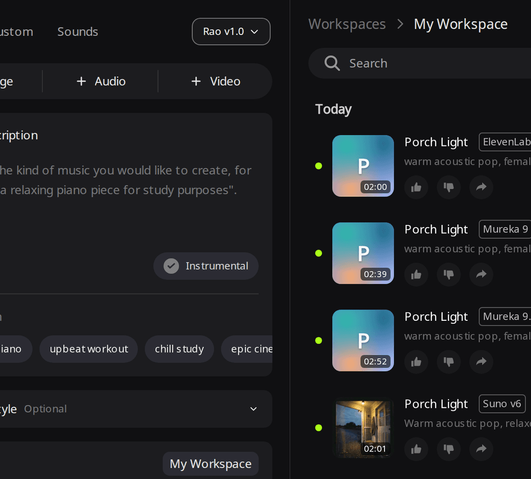 RaoMusic engine menu with the Mureka submenu open, listing Mureka 9 at 20 credits for 1 song and Mureka 9.5 at 40 credits for 1 song