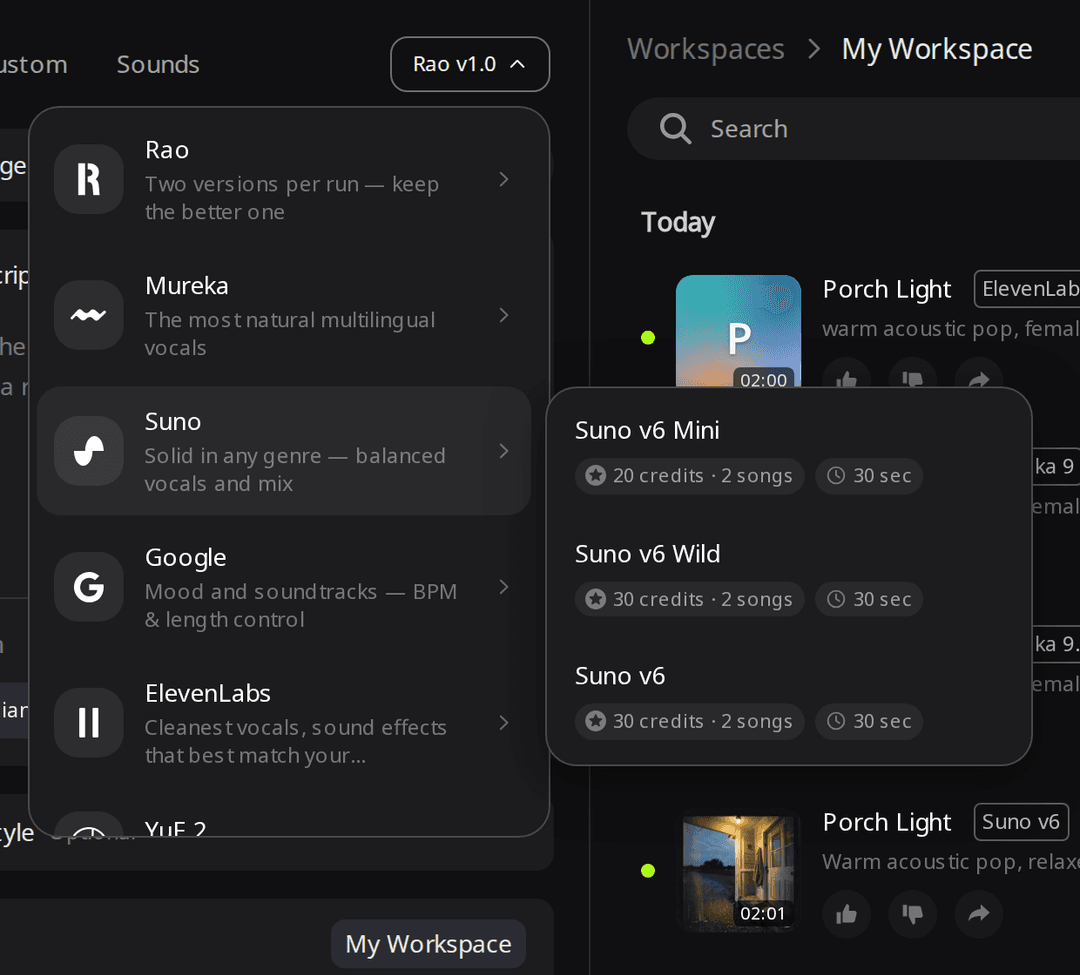 RaoMusic engine menu with the Suno submenu open, listing Suno v6 Mini at 20 credits for 2 songs, Suno v6 Wild at 30 credits for 2 songs and Suno v6 at 30 credits for 2 songs