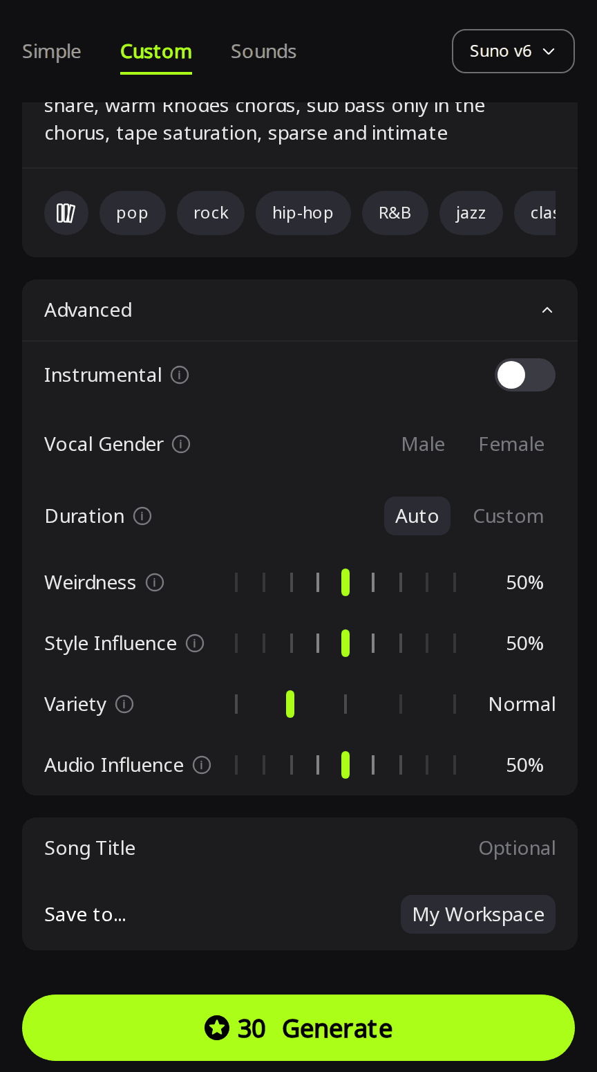 RaoMusic Custom mode with Suno v6 selected and the Advanced panel open, showing Duration set to Auto above the Weirdness, Style Influence and Variety sliders