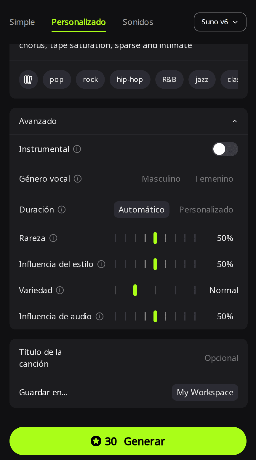 Modo Personalizado de RaoMusic con Suno v6 seleccionado y el panel Avanzado abierto, que muestra Duración en Automático encima de los controles Rareza, Influencia del estilo y Variedad
