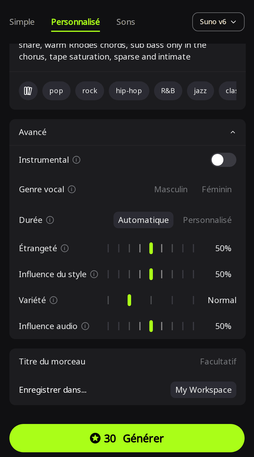Mode Personnalisé de RaoMusic avec Suno v6 sélectionné et le panneau Avancé ouvert, montrant Durée réglée sur Automatique au-dessus des curseurs Étrangeté, Influence du style et Variété