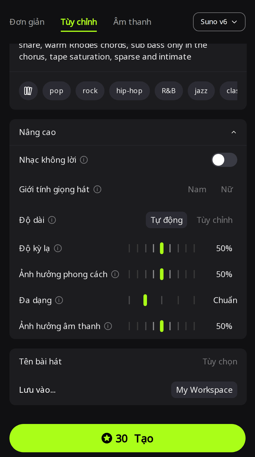Chế độ Tùy chỉnh của RaoMusic đang chọn Suno v6 và mở bảng Nâng cao, Độ dài đặt ở Tự động phía trên các thanh trượt Độ kỳ lạ, Ảnh hưởng phong cách và Đa dạng