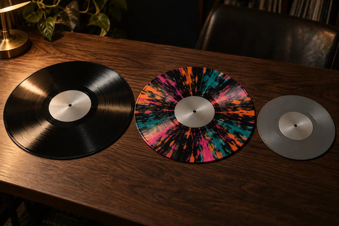 Three vinyl records on a walnut desk: a glossy black 12-inch, a 12-inch splattered with neon paint and a small grey 7-inch single, standing for Suno v6, v6-wild and v6-mini