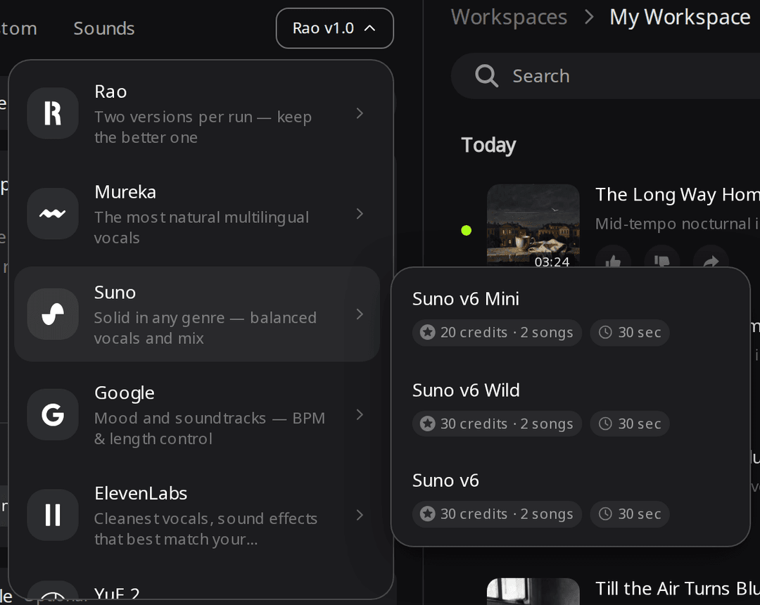 RaoMusic model menu with the Suno family open, listing Suno v6 Mini at 20 credits, Suno v6 Wild at 30 credits and Suno v6 at 30 credits, each for 2 songs